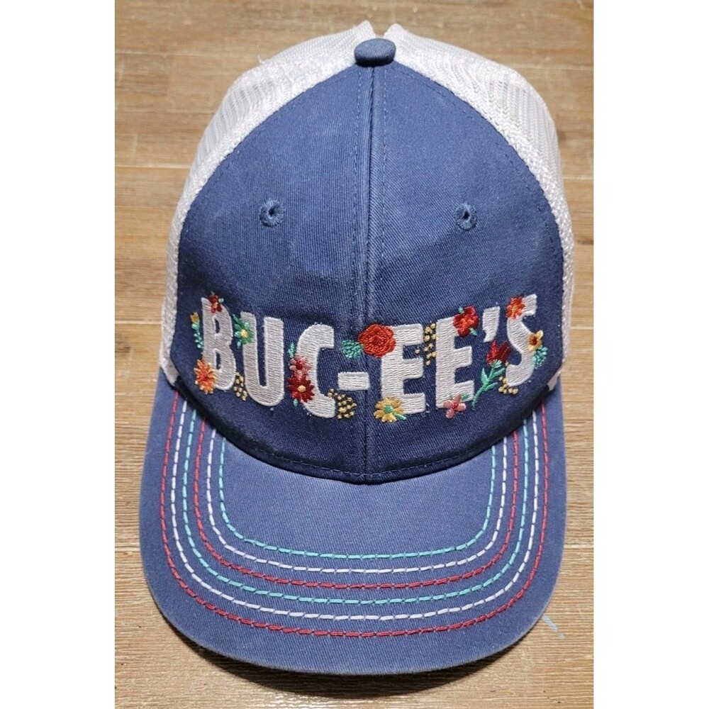 Buc-ee's Floral Embroidered Hat Womens Pony Tail Mesh Truckers Adj Strap Cap